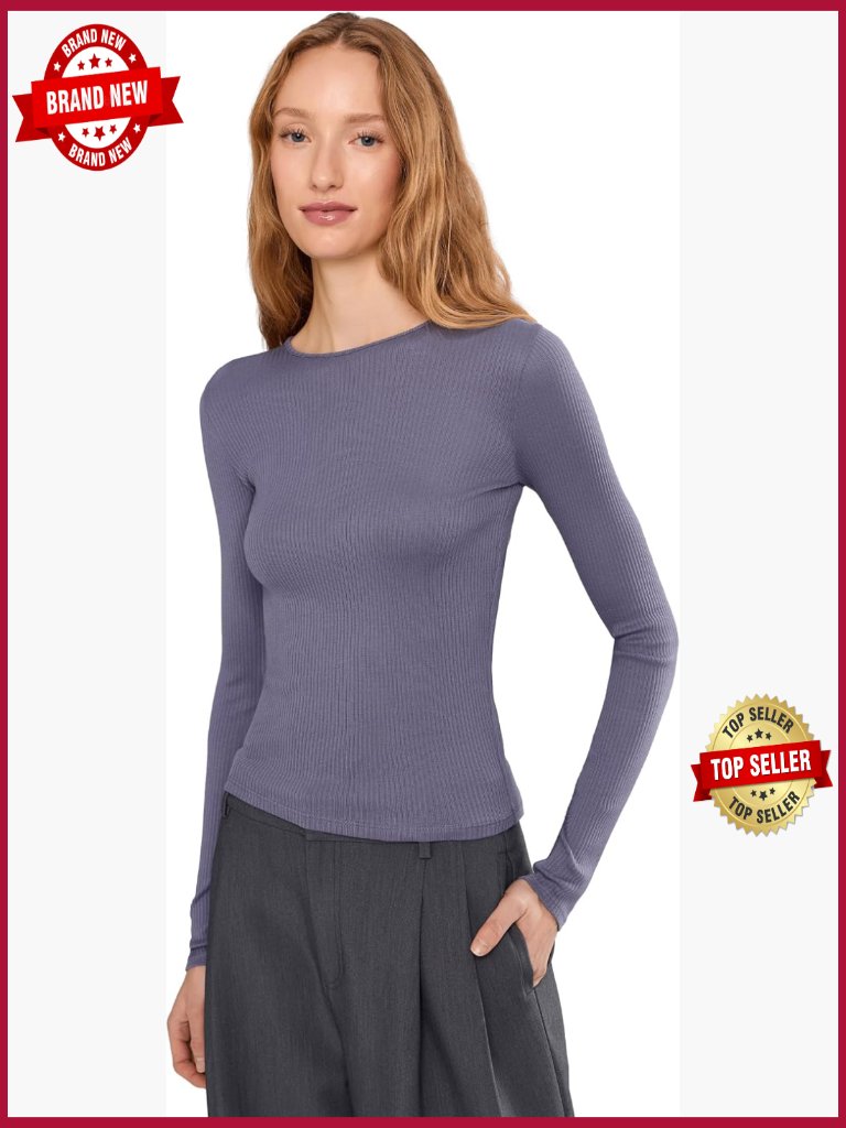 Rib Long Sleeve Crew Neck T-Shirt Solid Cotton Pullover